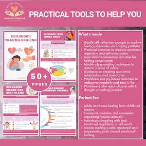 childhood trauma recovery workbook, inner child healing workbook, emotional healing journal, trauma therapy printable, self reflection mental health resource, healing past wounds guide, trauma informed printable workbook, reconnect with inner child activities, building self worth after trauma, emotional regulation exercises, safe trauma recovery workbook, therapeutic healing guide for adults, printable mental health workbook