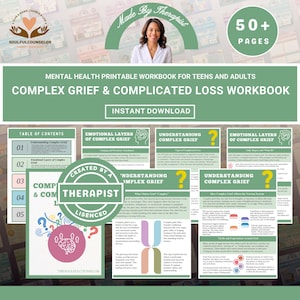 Könnte beinhalten: Ein ausdruckbares Arbeitsbuch zur psychischen Gesundheit für Jugendliche und Erwachsene, das sich auf komplexe Trauer und komplizierten Verlust konzentriert. Das Cover zeigt "Made by Therapist" und "50+ Seiten". Das Arbeitsbuch enthält ein Inhaltsverzeichnis.