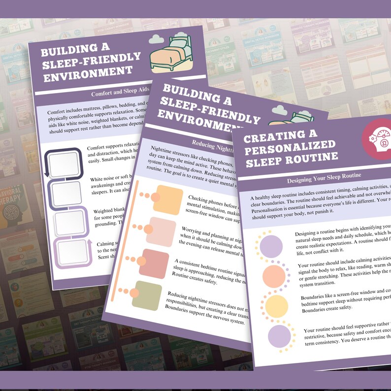May include: A stack of purple and white informational sheets with text about sleep routines. The sheets have titles like "Building a Sleep-Friendly Environment" and "Creating a Personalized Sleep Routine."