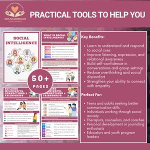 social intelligence workbook, emotional awareness journal, communication skills for teens, social anxiety help, therapist tools printable, social emotional learning PDF, empathy workbook, overthinking help, body language guide, digital therapy worksheets, printable mental health resource, conversation confidence workbook, social skills for adults