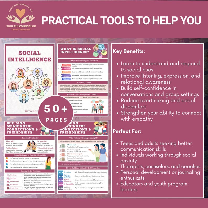 social intelligence workbook, emotional awareness journal, communication skills for teens, social anxiety help, therapist tools printable, social emotional learning PDF, empathy workbook, overthinking help, body language guide, digital therapy worksheets, printable mental health resource, conversation confidence workbook, social skills for adults