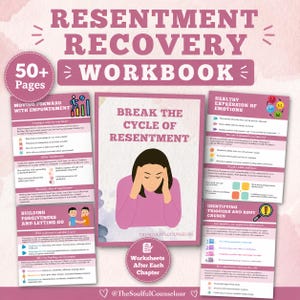 Op de afbeelding: Een Resentment Recovery werkboek met meer dan 50 pagina's, met een centrale omslag met een persoon die het hoofd vasthoudt, omringd door vier informatiepagina's over onderwerpen zoals vooruitgang, gezonde expressie en triggers.