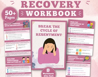 May include: A Resentment Recovery workbook with over 50 pages, featuring a central cover with a person holding their head, surrounded by four informational pages detailing topics like moving forward, healthy expression, and identifying triggers.