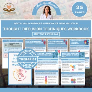 Peut inclure: Un cahier d'exercices de santé mentale imprimable pour adolescents et adultes, intitulé "Thought Diffusion Techniques Workbook". La couverture présente une image de femme et le texte "Made By Therapist". Le cahier contient 35 pages et est téléchargeable instantanément.