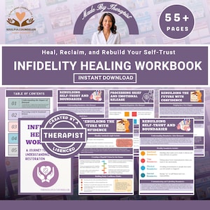 Puede incluir: Un cuaderno de trabajo titulado "Infidelity Healing Workbook" con el texto "Descarga instantánea". La portada presenta la imagen de una mujer y el texto "Made by Therapist". El cuaderno incluye secciones sobre confianza en uno mismo, límites y liberación emocional. El cuaderno tiene más de 55 páginas.