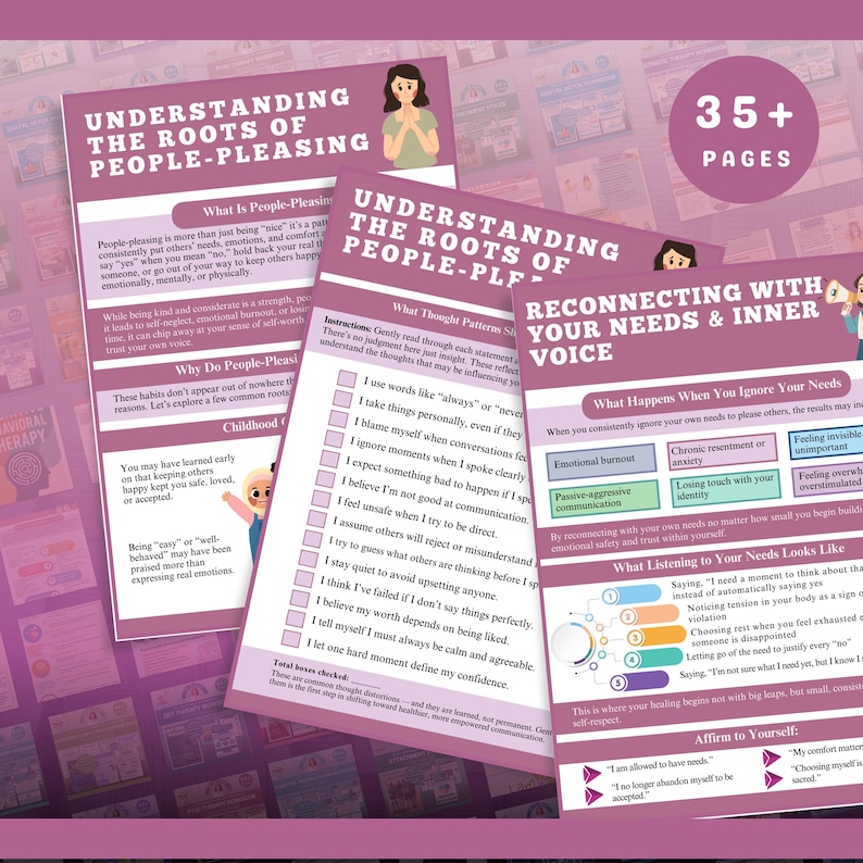 May include: A set of informational cards with the title "Understanding the Roots of People-Pleasing" and "Reconnecting with Your Needs & Inner Voice." The cards feature text, graphics, and a pink and purple color scheme.