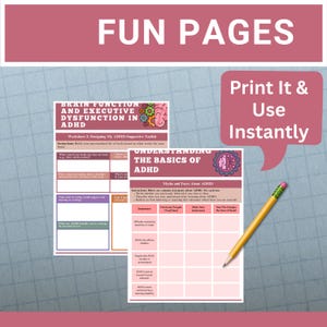 Puede incluir: Dos hojas de trabajo con los t&iacute;tulos "Funci&oacute;n cerebral y disfunci&oacute;n ejecutiva en el TDAH" y "Comprendiendo los conceptos b&aacute;sicos del TDAH". Las hojas de trabajo son rosas y blancas con texto y gr&aacute;ficos. Un l&aacute;piz amarillo descansa en el lado derecho.