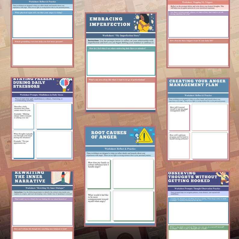 May include: A collection of eight educational worksheets featuring blue and white headers with titles such as Embracing Imperfection, Root Causes of Anger, and Creating Your Anger Management Plan, containing blank text boxes for written reflection.