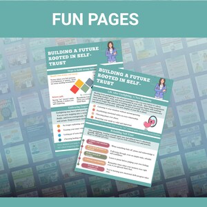 Pu&ograve; includere: Due pagine color verde acqua con il testo "BUILDING A FUTURE ROOTED IN SELF-TRUST" e "FUN PAGES". Le pagine presentano illustrazioni e testo sull'autostima, la sicurezza emotiva e la ricostruzione dell'autostima. Le pagine sono progettate per la terapia comportamentale.