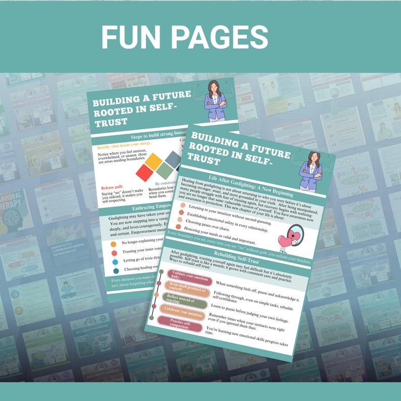 Pu&ograve; includere: Due pagine color verde acqua con il testo "BUILDING A FUTURE ROOTED IN SELF-TRUST" e "FUN PAGES". Le pagine presentano illustrazioni e testo sull'autostima, la sicurezza emotiva e la ricostruzione dell'autostima. Le pagine sono progettate per la terapia comportamentale.