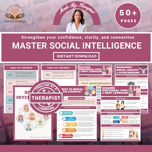 以下が含まれることがあります： ピンクと白のデザインの「Master Social Intelligence」というタイトルのデジタルダウンロード。画像には「Instant Download」と「50+ Pages」というテキストが含まれています。表紙には女性と「Made by Therapist」という言葉が描かれています。
