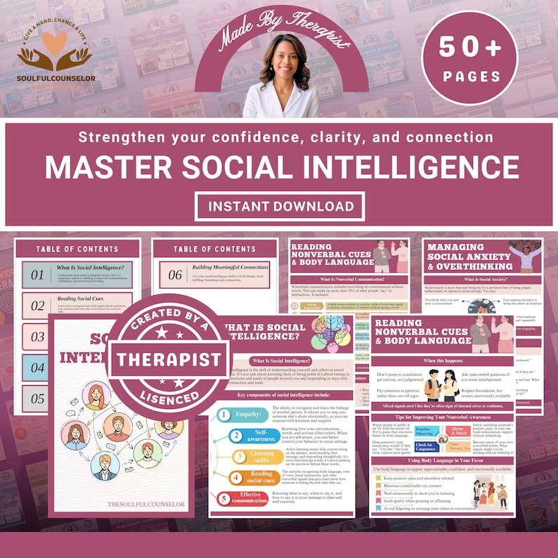 social intelligence workbook, emotional awareness journal, communication skills for teens, social anxiety help, therapist tools printable, social emotional learning PDF, empathy workbook, overthinking help, body language guide, digital therapy worksheets, printable mental health resource, conversation confidence workbook, social skills for adults