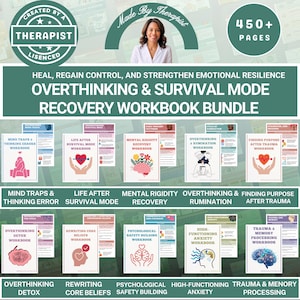 May include: A workbook bundle titled "Overthinking & Survival Mode Recovery" with 450+ pages. The image features a therapist's portrait and several workbooks addressing topics like trauma, anxiety, and mental rigidity. The workbooks have colorful illustrations.
