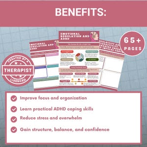 Puede incluir: Un recurso educativo rosa y blanco con el t&iacute;tulo "Regulaci&oacute;n Emocional y TDAH". La imagen incluye el texto "Creado por un terapeuta, con licencia" y enumera beneficios como mejorar el enfoque y la organizaci&oacute;n. La imagen tambi&eacute;n indica "65+ p&aacute;ginas".