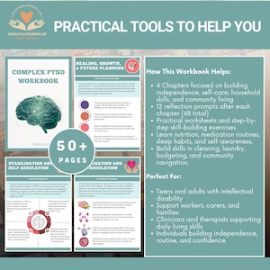 “Complex PTSD workbook cover with calming design and therapeutic theme.”

“Workbook pages showing trauma recovery exercises and reflection prompts.”

“Emotion regulation worksheets for complex trauma healing.”

“Grounding and self-compassion activities in a trauma recovery workbook.”