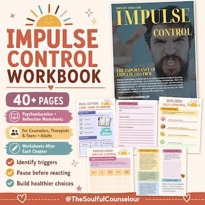 Könnte beinhalten: Ein Arbeitsbuch zur Impulskontrolle mit über 40 Seiten Psychoedukation und Reflexionsblättern. Das Cover zeigt einen bärtigen Mann und den Text Therapy Tools for Impulse Control. Enthält Seiten zur Zielsetzung, Selbstkontrolle und Trigger-Analyse.