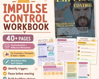 May include: An Impulse Control Workbook featuring 40+ pages of psychoeducation and reflection worksheets. The cover displays a man with a beard and the text Therapy Tools for Impulse Control. Includes goal setting, self-control, and trigger awareness pages.