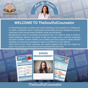 May include: Promotional image for TheSoulfulCounselor. Features a woman and text that reads "Welcome to TheSoulfulCounselor." Includes images of workbooks and guides for mental health, including "Anger Management" and "Healthy Expression vs. Suppression."