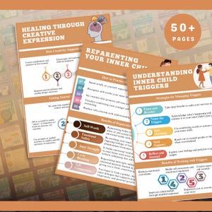 Puede incluir: Un conjunto de tarjetas informativas con t&iacute;tulos como "Curaci&oacute;n a trav&eacute;s de la expresi&oacute;n creativa" y "Reparentando a tu ni&ntilde;o interior". Las tarjetas presentan diagramas, listas numeradas y texto sobre bienestar emocional y autocuidado.