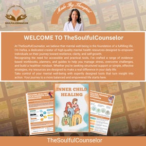 Puede incluir: Imagen promocional de TheSoulfulCounselor. Presenta a una mujer y el texto "WELCOME TO TheSoulfulCounselor". Incluye im&aacute;genes de cuadernos de trabajo y gu&iacute;as para la salud mental y el crecimiento personal. La imagen tiene una paleta de colores c&aacute;lidos.