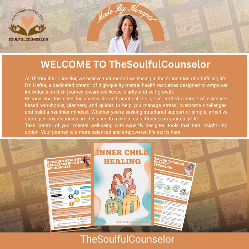 Puede incluir: Imagen promocional de TheSoulfulCounselor. Presenta a una mujer y el texto "WELCOME TO TheSoulfulCounselor". Incluye im&aacute;genes de cuadernos de trabajo y gu&iacute;as para la salud mental y el crecimiento personal. La imagen tiene una paleta de colores c&aacute;lidos.