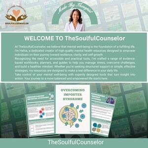 May include: A promotional image for TheSoulfulCounselor, featuring a woman and various mental health resources. The image includes the text "WELCOME TO TheSoulfulCounselor" and titles like "OVERCOMING IMPOSTER SYNDROME". The color scheme is primarily green and white.