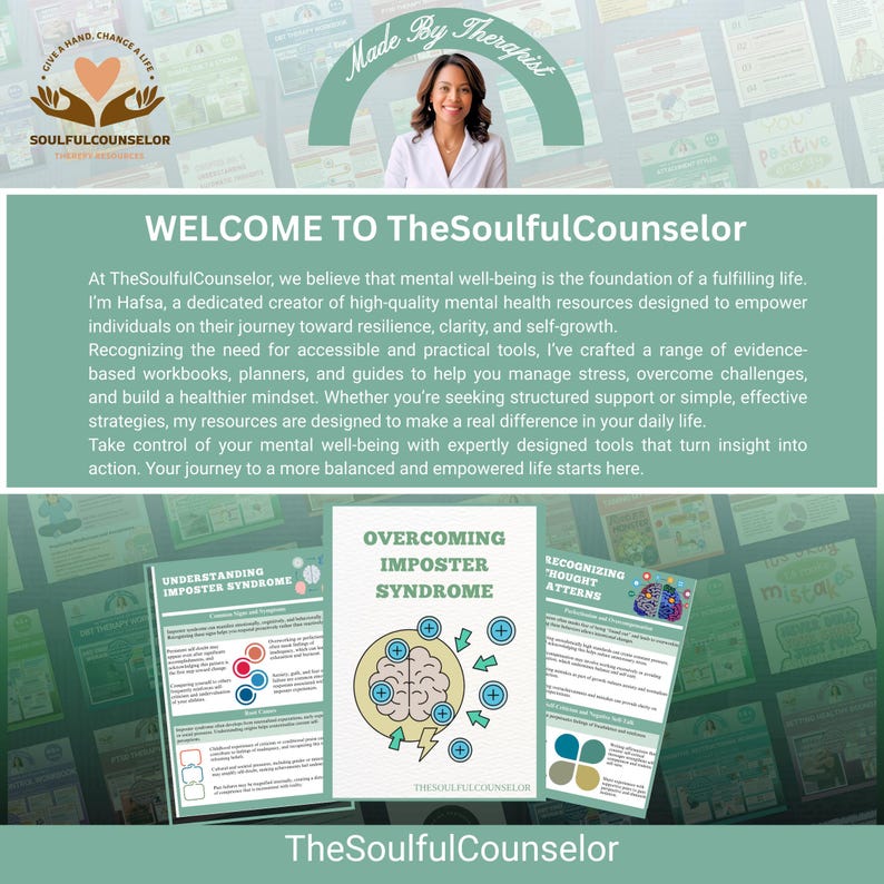May include: A promotional image for TheSoulfulCounselor, featuring a woman and various mental health resources. The image includes the text "WELCOME TO TheSoulfulCounselor" and titles like "OVERCOMING IMPOSTER SYNDROME". The color scheme is primarily green and white.