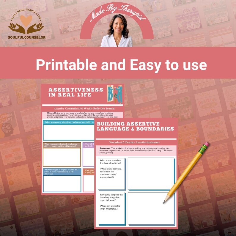 May include: Printable worksheets for assertiveness training. The pink and white pages include prompts for self-reflection and building assertive language. A yellow pencil rests on the corner of the pages. The image also includes the text "Printable and Easy to use."