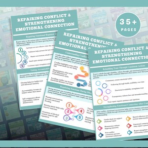 May include: A set of informational cards titled "Repairing Conflict & Strengthening Emotional Connection." The cards feature bullet points and diagrams on topics like accountability, trust, and emotional regulation. The image includes the text "35+ Pages."