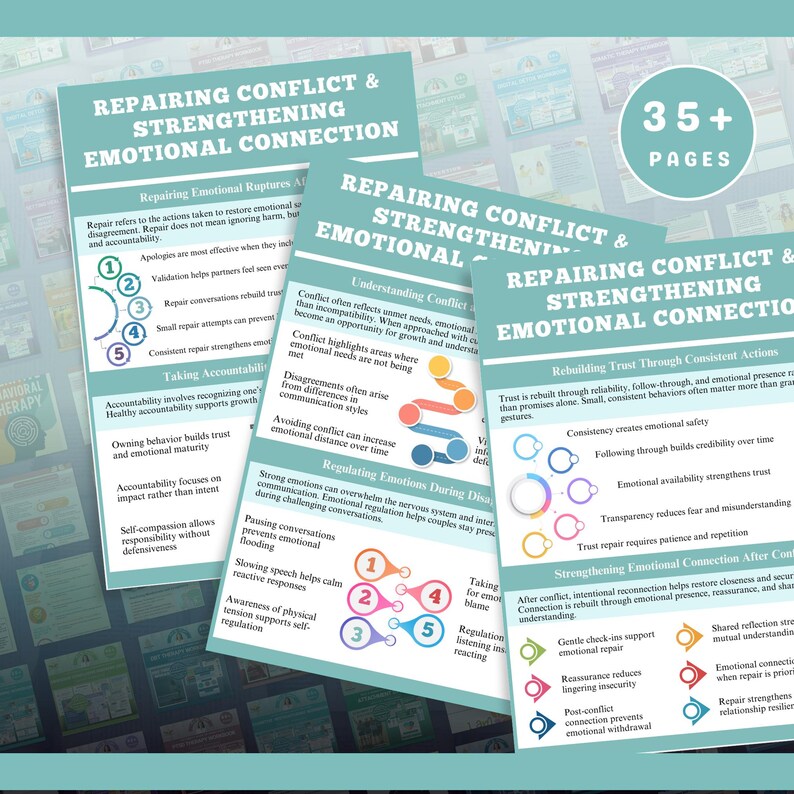 May include: A set of informational cards titled "Repairing Conflict & Strengthening Emotional Connection." The cards feature bullet points and diagrams on topics like accountability, trust, and emotional regulation. The image includes the text "35+ Pages."