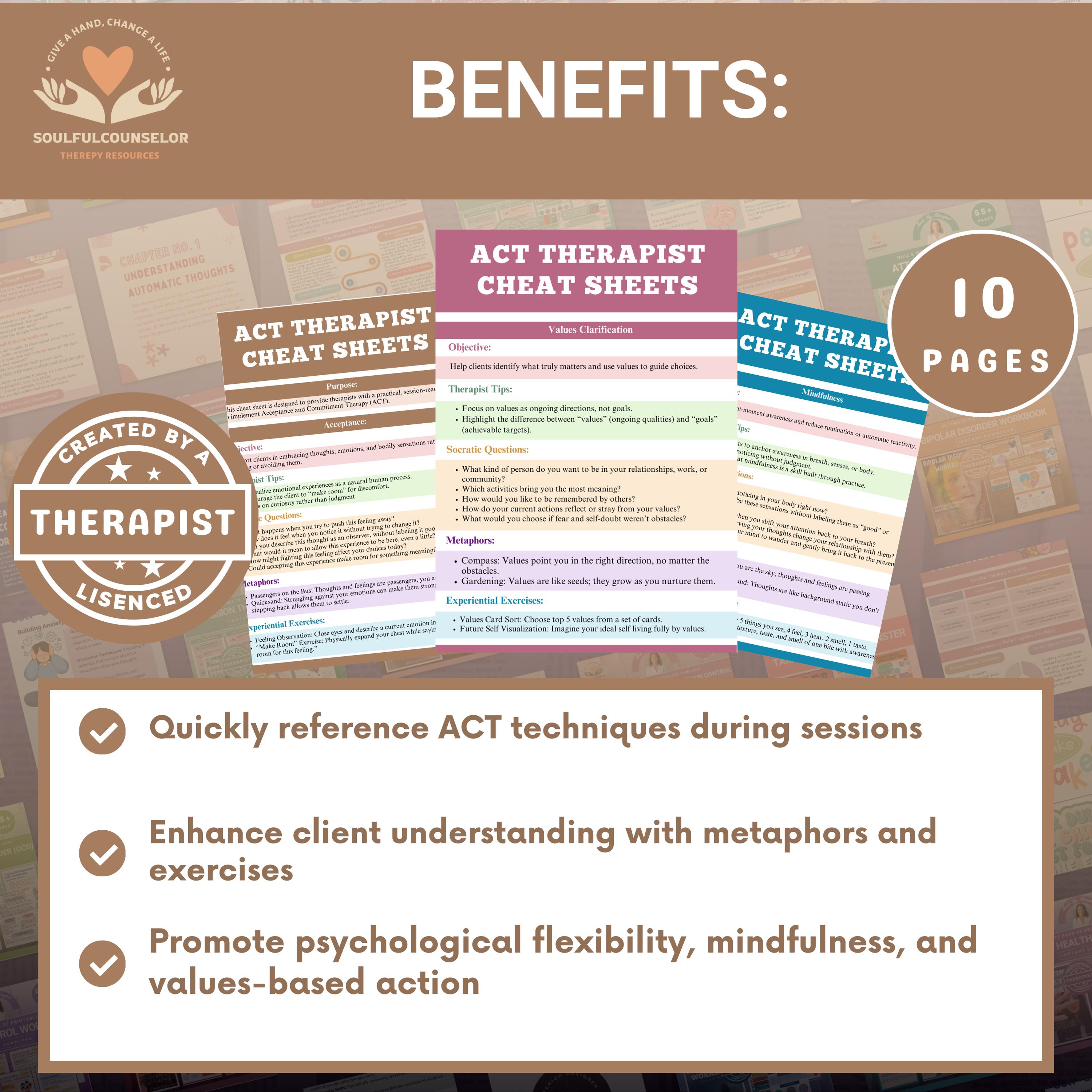 ACT Therapy Cheat Sheet: Socratic Questioning, Metaphors (printable PDF