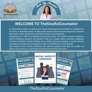 Op de afbeelding: Promotieafbeelding voor TheSoulfulCounselor, met een vrouw en tekst. De afbeelding bevat de tekst "WELCOME TO TheSoulfulCounselor" en informatie over geestelijke gezondheidsbronnen. Er zijn ook verschillende werkboeken en gidsen te zien, met titels als "SOCIAL ANXIETY DISORDER".