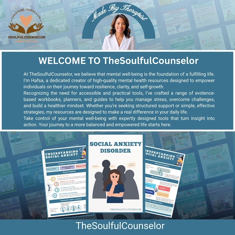 Op de afbeelding: Promotieafbeelding voor TheSoulfulCounselor, met een vrouw en tekst. De afbeelding bevat de tekst "WELCOME TO TheSoulfulCounselor" en informatie over geestelijke gezondheidsbronnen. Er zijn ook verschillende werkboeken en gidsen te zien, met titels als "SOCIAL ANXIETY DISORDER".
