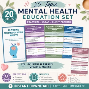 Peut inclure: Un ensemble éducatif de 20 pages sur la santé mentale comprenant des fiches de psychoéducation sur l'anxiété, la gestion du stress, le deuil et la guérison de l'enfant intérieur, avec des sections sur les symptômes et les stratégies.