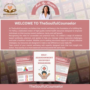 May include: Image featuring a woman and workbooks from TheSoulfulCounselor. The workbooks include "Self-Abandonment Recovery Workbook" and "Understanding Self-Abandonment." The image also includes the text "Welcome to TheSoulfulCounselor."