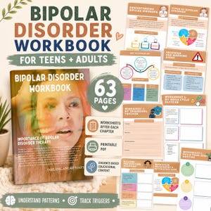 May include: A Bipolar Disorder Workbook for teens and adults featuring 63 pages of evidence-based educational content, printable PDF worksheets, and mood trackers. The cover displays a face with text and the interior pages show charts.