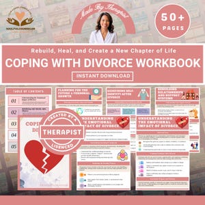 Op de afbeelding: Een werkboek getiteld "Coping with Divorce" met de tekst "Instant Download". De omslag toont een foto van een therapeut en de tekst "Made by Therapist". Het werkboek behandelt onderwerpen als het heropbouwen van relaties en de emotionele impact van echtscheiding.