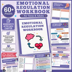 Puede incluir: Un libro de ejercicios de regulación emocional para adolescentes y adultos con más de 60 páginas. La portada muestra un cerebro rosa y un corazón rojo con flechas en ciclo, junto a páginas adicionales con diarios y contenido educativo.