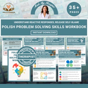 以下が含まれることがあります： 「Polish Problem Solving Skills Workbook」というタイトルのデジタルワークブック。即時ダウンロード可能。表紙には女性と「Made By Therapist」の文字。反応的な反応、自己非難、問題解決スキルをカバー。35ページ以上。