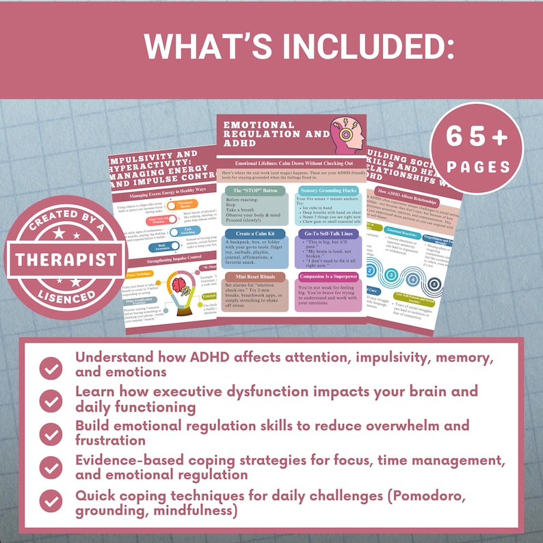 Puede incluir: Un recurso educativo rosa y blanco con el texto "WHAT'S INCLUDED:" y "65+ PAGES." Incluye informaci&oacute;n sobre TDAH, regulaci&oacute;n emocional y estrategias de afrontamiento. Creado por un terapeuta.