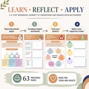 May include: A 4-step workbook journey to understand and manage bipolar disorder featuring educational pages, worksheets, and pattern tracking. The document includes 63 printable pages designed for teens and adults with colorful diagrams and text.