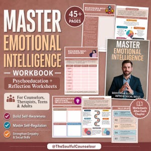 Pode incluir: Um caderno de exercícios Master Emotional Intelligence com mais de 45 páginas de psicoeducação e folhas de reflexão. O conjunto inclui páginas sobre autorregulação, autoconsciência e habilidades sociais, com índice e capa.