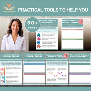 “Complex PTSD workbook cover with calming design and therapeutic theme.”

“Workbook pages showing trauma recovery exercises and reflection prompts.”

“Emotion regulation worksheets for complex trauma healing.”

“Grounding and self-compassion activities in a trauma recovery workbook.”