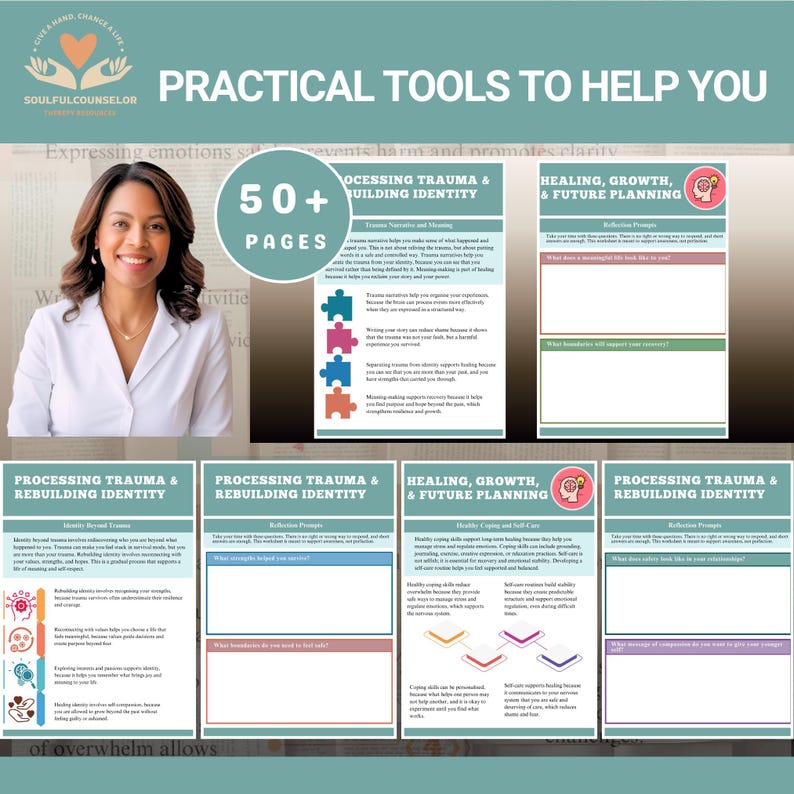“Complex PTSD workbook cover with calming design and therapeutic theme.”

“Workbook pages showing trauma recovery exercises and reflection prompts.”

“Emotion regulation worksheets for complex trauma healing.”

“Grounding and self-compassion activities in a trauma recovery workbook.”
