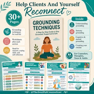 May include: A 30-plus page guide titled Grounding Techniques featuring a book cover with an illustration of a person sitting in a meditative pose. The set includes four informational sheets covering understanding, sensory, cognitive, and mental grounding.