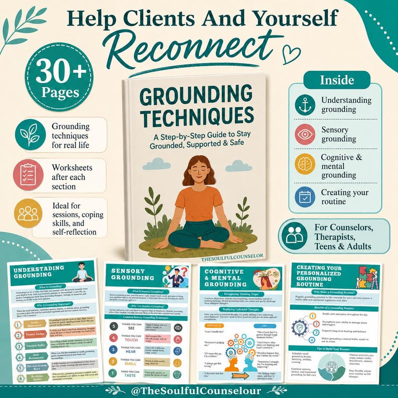 May include: A 30-plus page guide titled Grounding Techniques featuring a book cover with an illustration of a person sitting in a meditative pose. The set includes four informational sheets covering understanding, sensory, cognitive, and mental grounding.