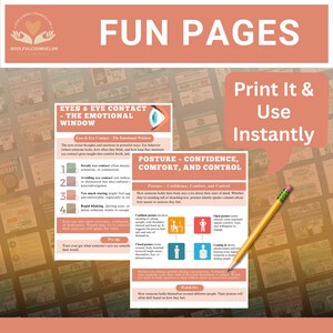May include: A collection of educational printables with the text "FUN PAGES" in a peach color. The pages cover topics like eye contact and posture, with illustrations and bullet points. A pencil rests on the pages.