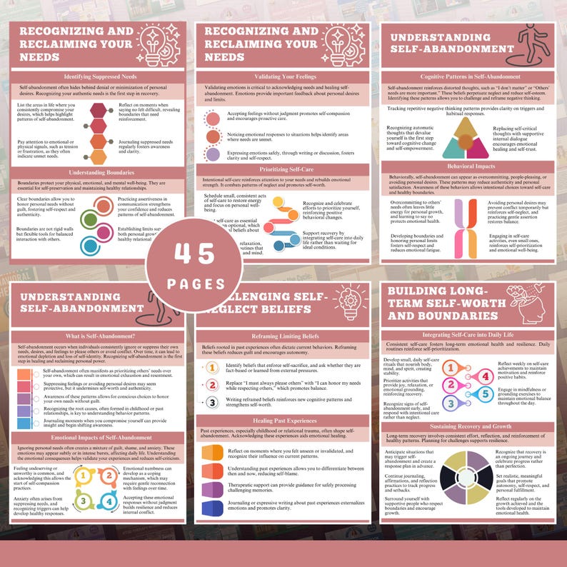 Cover image of Self-Abandonment Recovery Workbook with calming colors

Sample chapter pages showing reflective worksheets for teens and adults

Printable PDF workbook for addressing self-abandonment and self-care

Therapeutic guide for rebuilding self-worth and healthy boundaries

Workbook for cultivating self-compassion and emotional resilience