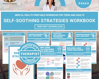 May include: A mental health printable workbook for teens and adults, titled "Self-Soothing Strategies Workbook." The cover features a woman's image and the text "Made by Therapist." The workbook includes 35+ pages and is available for instant download.