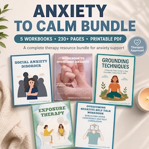 May include: Anxiety to Calm Bundle featuring five printable PDF workbooks with over 230 pages. Titles include Social Anxiety Disorder, Workbook to Overcome Anxiety, Grounding Techniques, Exposure Therapy, and Overcoming Negative Self-Talk Workbook.